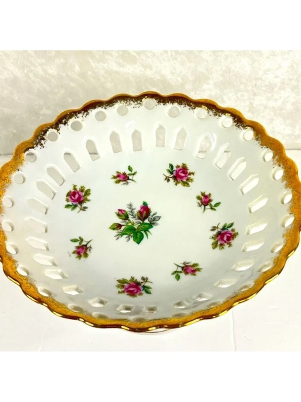 Fine China Footed Pedestal Dish Pink Rose Japan Gold Trim Compote Candy High Tea